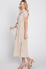 Taupe Striped Button Down Waist Tie Midi Dress