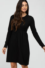 Black Ribbed Knit Long Sleeve Dress