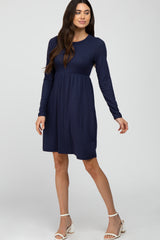 Navy Ribbed Knit Long Sleeve Dress