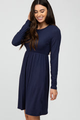 Navy Ribbed Knit Long Sleeve Dress