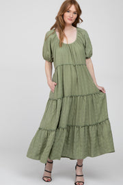 Olive Lettuce Trim Ruffle Tiered Midi Dress