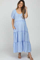 Light Blue Lettuce Trim Ruffle Tiered Maternity Midi Dress