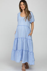 Light Blue Lettuce Trim Ruffle Tiered Maternity Midi Dress