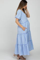 Light Blue Lettuce Trim Ruffle Tiered Maternity Midi Dress