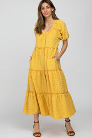 Yellow Lettuce Trim Ruffle Tiered Midi Dress