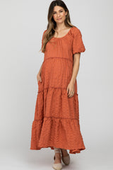 Salmon Lettuce Trim Ruffle Tiered Maternity Midi Dress