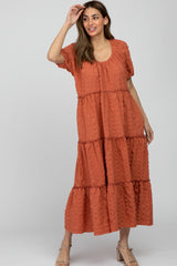 Salmon Lettuce Trim Ruffle Tiered Midi Dress