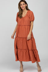 Salmon Lettuce Trim Ruffle Tiered Midi Dress