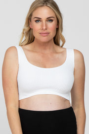 White Ribbed Scoop Neck Seamless Maternity Sports Bra