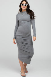 Grey Ruched Side Mock Neck Fitted Maternity Midi Dress