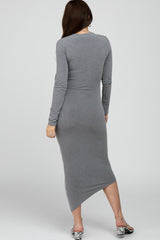 Grey Ruched Side Mock Neck Fitted Maternity Midi Dress