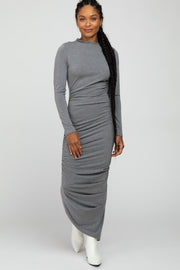 Grey Ruched Side Mock Neck Fitted Midi Dress