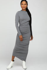 Grey Ruched Side Mock Neck Fitted Midi Dress