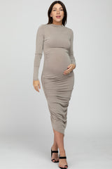 Mocha Ruched Side Mock Neck Fitted Maternity Midi Dress