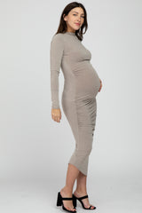 Mocha Ruched Side Mock Neck Fitted Maternity Midi Dress