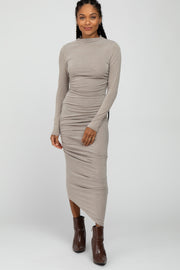 Mocha Ruched Side Mock Neck Fitted Midi Dress