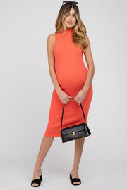 Coral Ribbed Mock Neck Maternity Dress