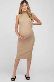 Taupe Ribbed Mock Neck Maternity Dress