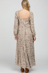 Beige Stamped Print Front Tie Tiered Maternity Maxi Dress