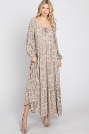 Beige Stamped Print Front Tie Tiered Maxi Dress