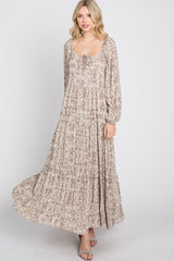 Beige Stamped Print Front Tie Tiered Maxi Dress