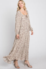 Beige Stamped Print Front Tie Tiered Maxi Dress