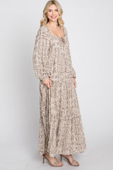 Beige Stamped Print Front Tie Tiered Maxi Dress