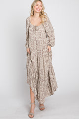 Beige Stamped Print Front Tie Tiered Maxi Dress