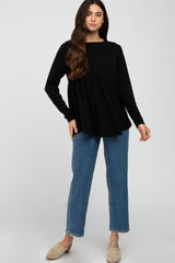 Black Solid Long Sleeve Peplum Top