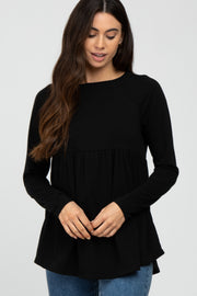 Black Solid Long Sleeve Peplum Top