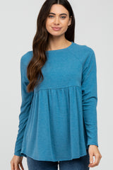 Teal Solid Long Sleeve Peplum Top