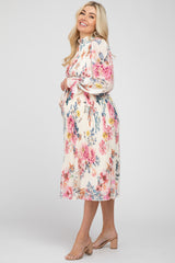 Ivory Floral Pleated Mock Neck Maternity Midi Dress