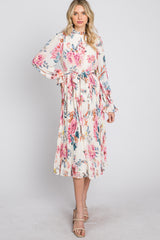 Ivory Floral Pleated Mock Neck Midi Dress