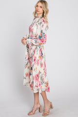 Ivory Floral Pleated Mock Neck Midi Dress