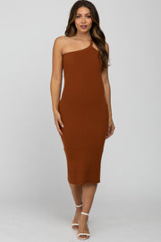 Rust Ribbed One Shoulder Maternity Sweater Dress