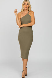 Olive Ribbed One Shoulder Sweater Dress