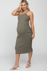 Olive Ribbed One Shoulder Maternity Sweater Dress