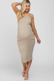 Beige Ribbed One Shoulder Maternity Sweater Dress