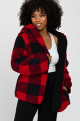 Red Plaid Reversible Sherpa Hooded Maternity Jacket