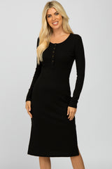 Black Ribbed Snap Button Maternity Midi Dress