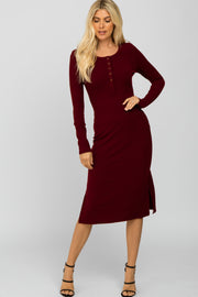 Burgundy Ribbed Snap Button Midi Dress