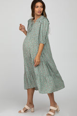 Mint Green Floral Tiered Long Sleeve Maternity Midi Dress