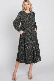 Black Floral Tiered Long Sleeve Midi Dress