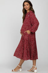 Red Floral Tiered Long Sleeve Maternity Midi Dress