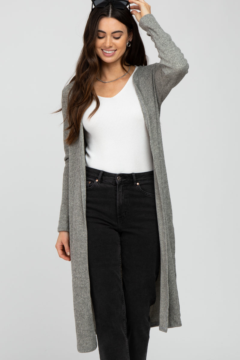 Beige Heathered Ribbed Side Slit Long Cardigan – PinkBlush