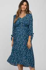 Dark Teal Floral Button Front Maternity Midi Dress