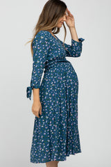 Dark Teal Floral Button Front Maternity Midi Dress