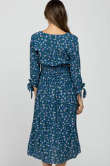 Dark Teal Floral Button Front Maternity Midi Dress