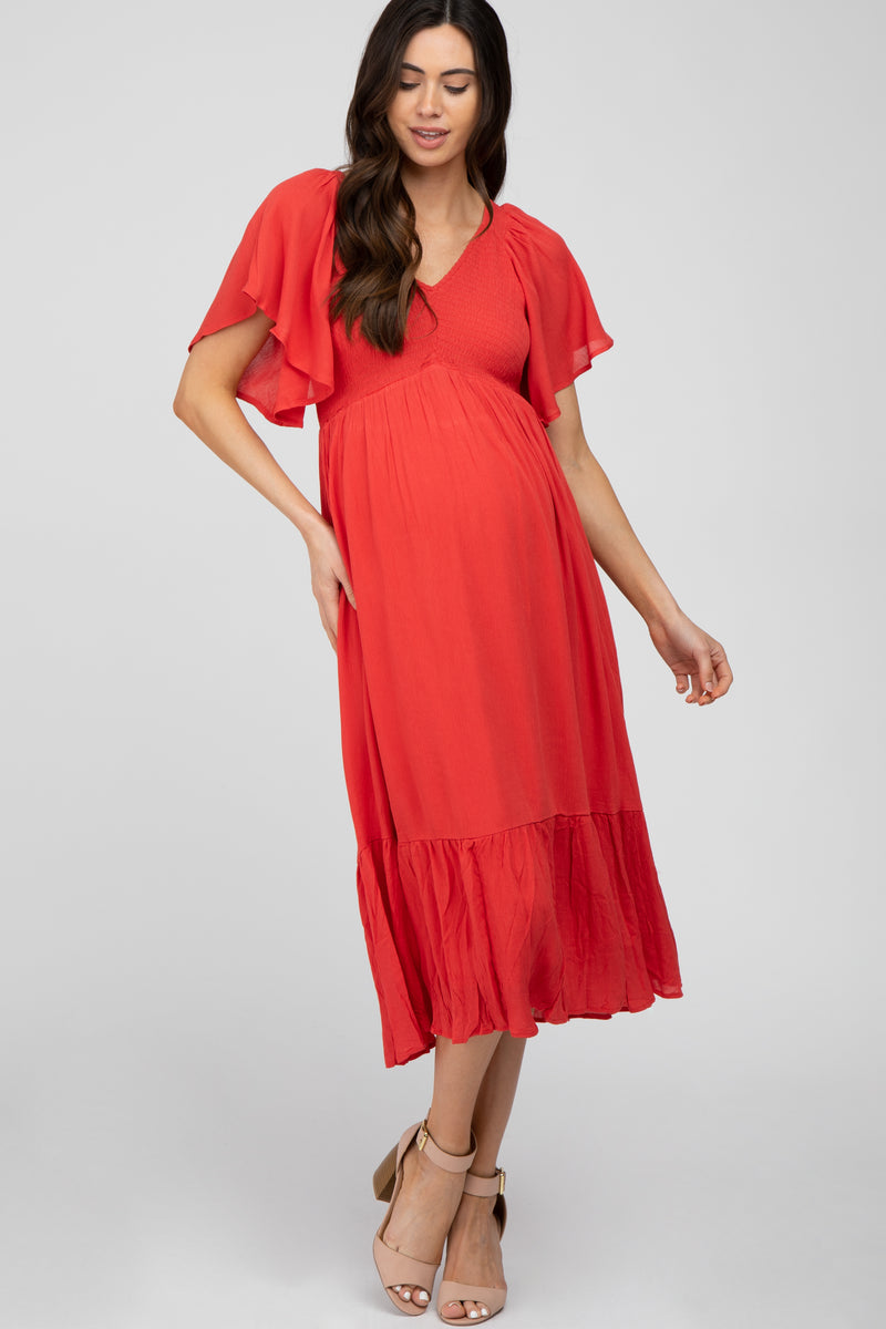 Coral Smocked Ruffle Maternity Dress Pinkblush