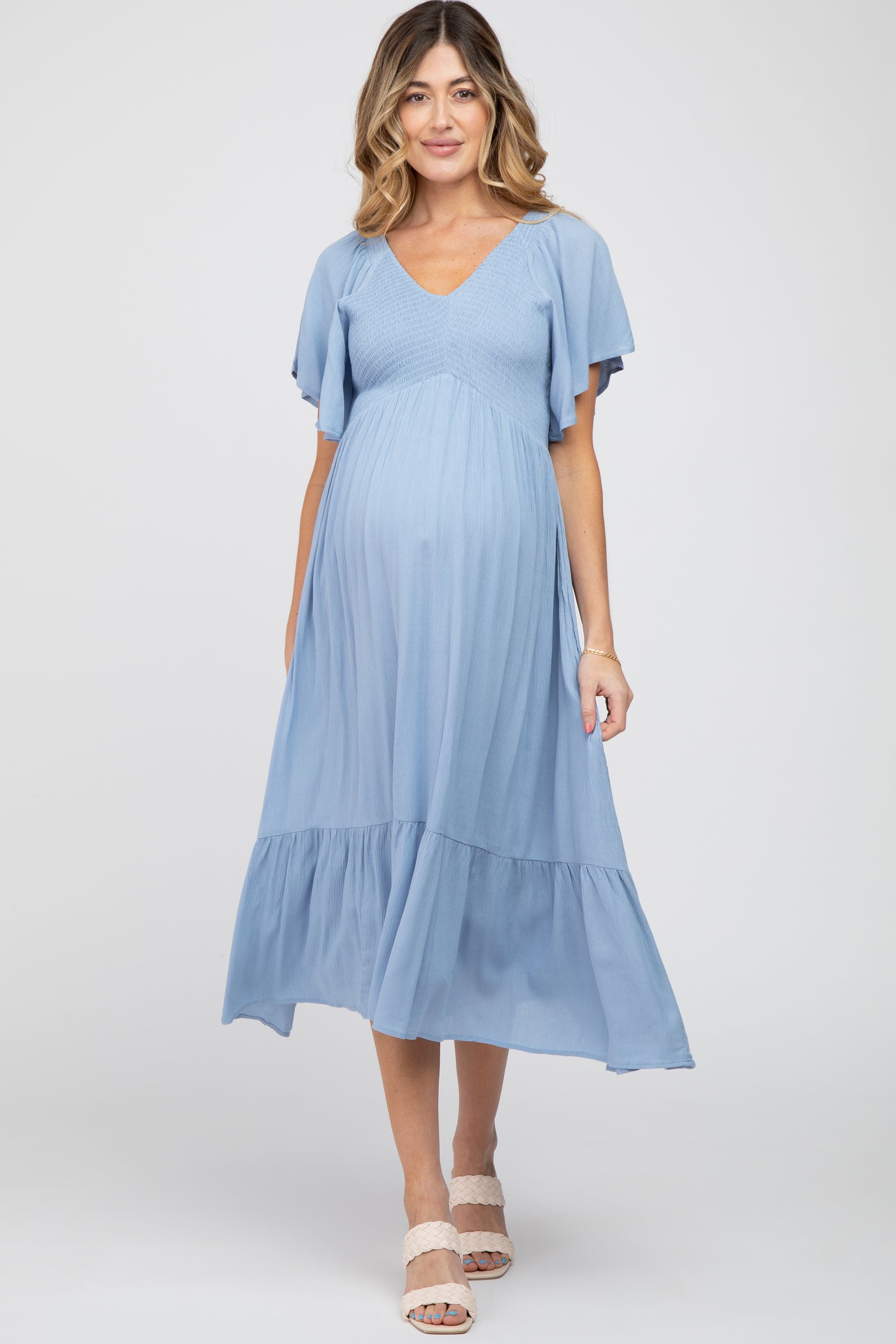 Blue Smocked Ruffle Maternity Dress– PinkBlush